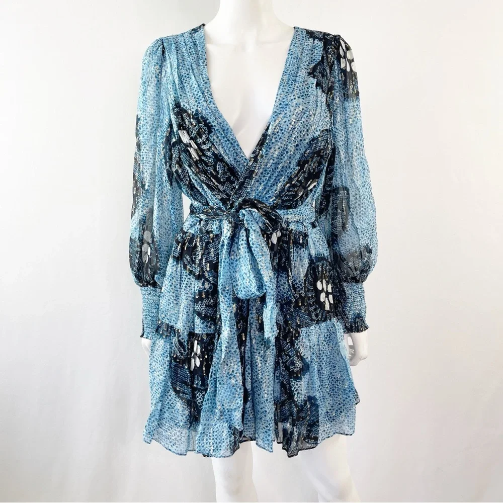 Ulla Johnson NOEMI Dress Size 12 Silk Metallic Mini Shibori Print in Sky Blue - Picture 3 of 16